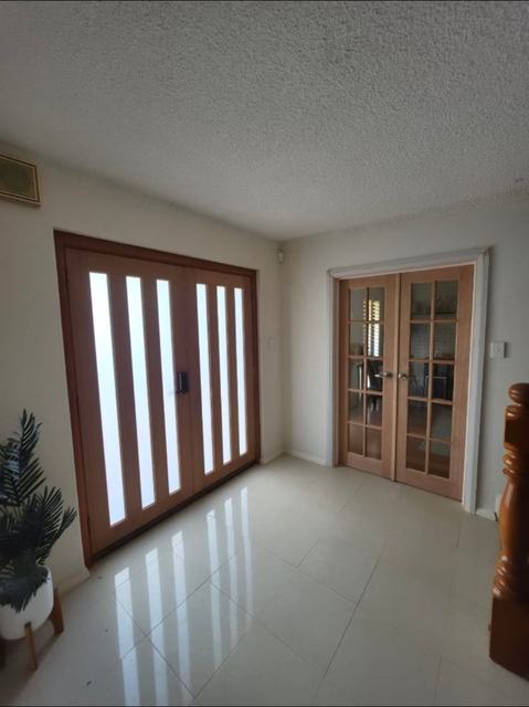 Entry door with vertical glass, seen from inside