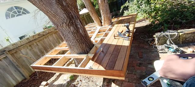 Deck built around a tree, in progress