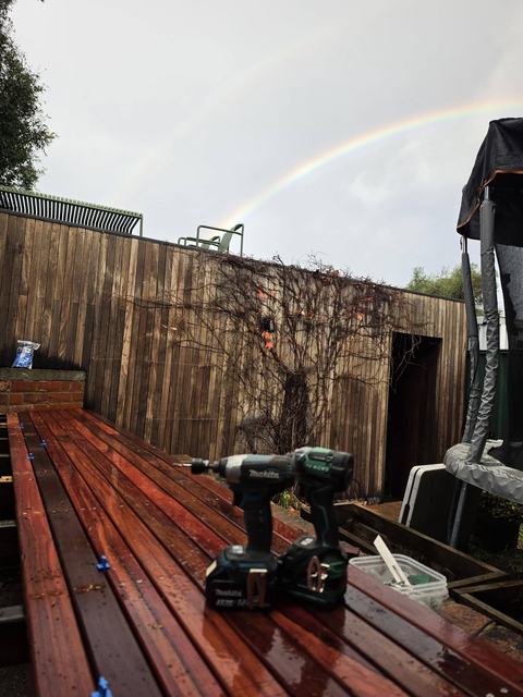 Freshly oiled timber deck