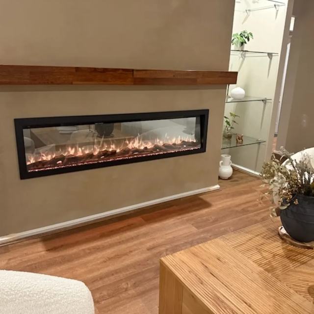 Fireplace feature wall with timber mantel